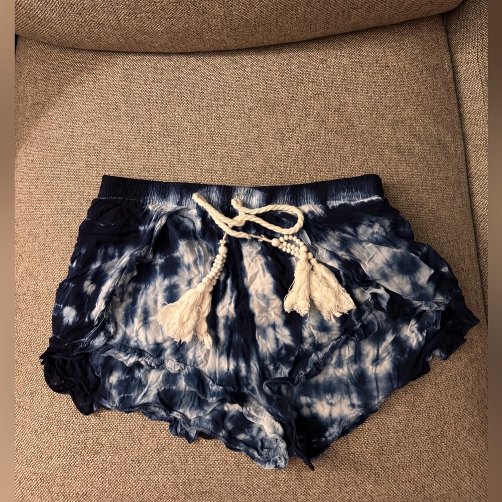 Swim Coverup Blue Tie-Dye Shorts with Tassel Drawstring